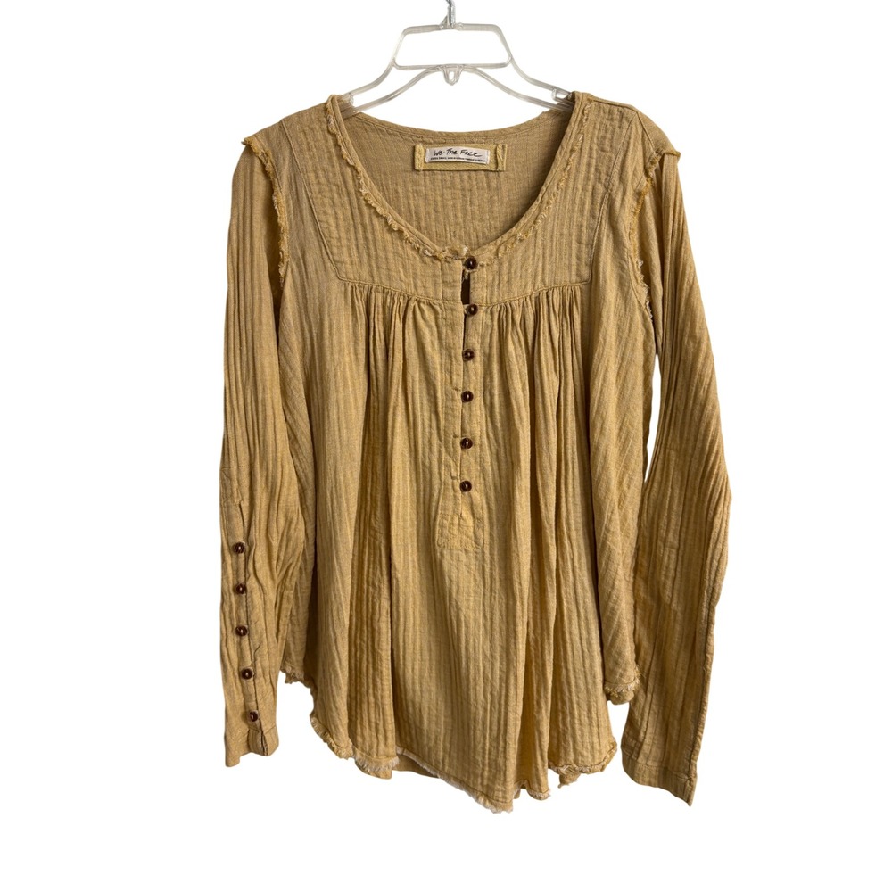 We The Free Free People Mustard Yellow Cotton Gauze Babydoll Henley Top XS
